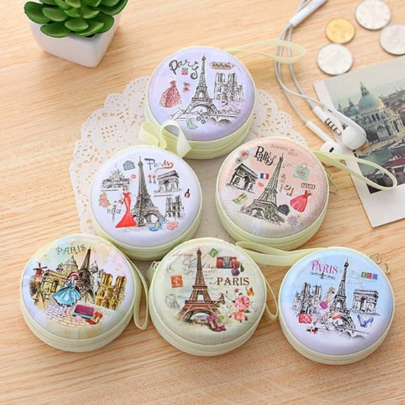 SPRING PARK Portable Lovely Round Wallet Cartoon Eiffel Tower Wallet Earphone Key Card Holder