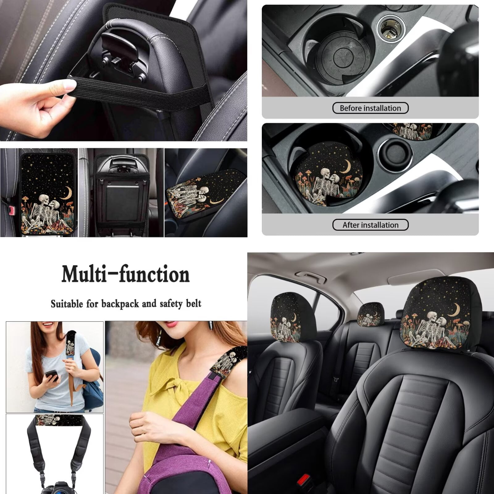 LedBack Skeleton Print Car Seat Covers Set Mushroom Printed Car Front and Back Seat Cover Steering Wheel Cover Armrest Pads Covers Headrests Cover Seatbelt Cover Car Coaster Keychain, 15 Pack