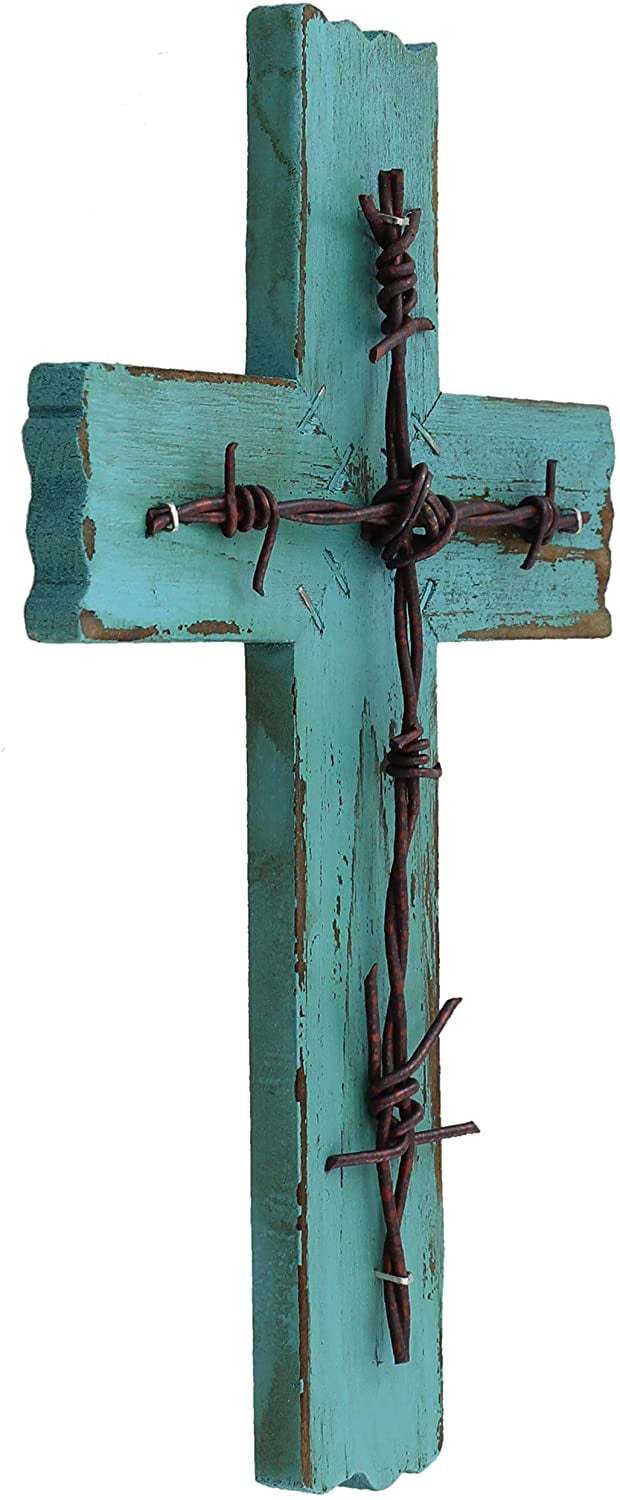 Simple 10 1/2 Weathered Wood & Barbwire Decorative Wall Cross Shabby Chic Chalk Paint Look