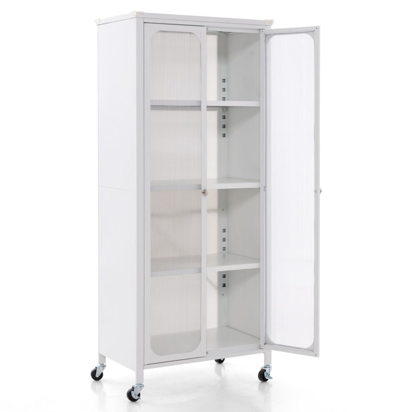 Furnibear Rolling Storage Cabinet with Doors Adjustable Shelves and Wheels Tall Metal Pantry for Kitchen Bathroom and Living Room, White