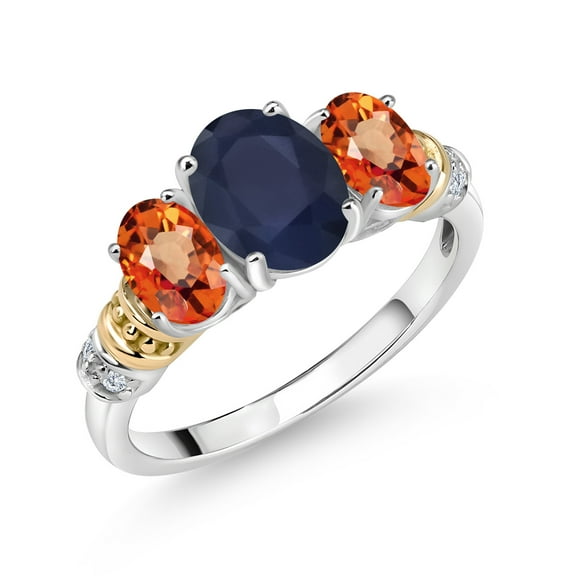 Gem Stone King 925 Sterling Silver and 10K Yellow Gold Oval Blue Sapphire Orange Sapphire and White Diamond 3 Stone Ring for Women (2.93 Cttw, Gemstone September Birthstone, Size 7)