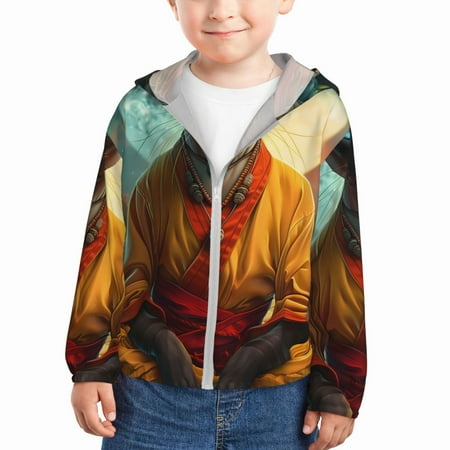 

Ocsxa Moonlit Hairless Cat Monk Print Kids Active Zipper Sun Protection Jacket Boys Girls Hooded Cooling Shirt-5 Years