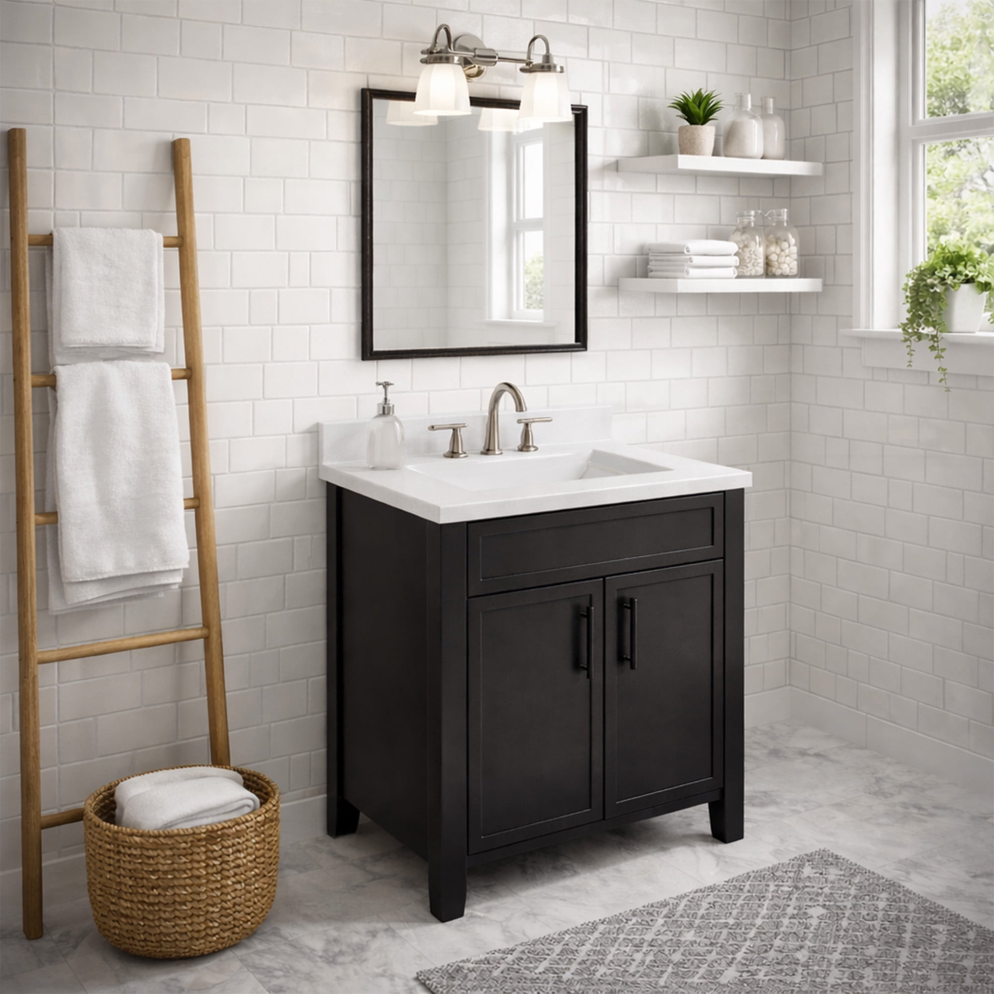 Design House Dawson 25-Inch Bathroom Vanity Combo, Ready to Assemble 2-Door Cabinet with Camilla Cultured Marble Top, Sherwin-Williams® Iron Ore, Matte Black Hardware, 228486-IO