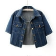 thumbnail image 4 of Cropped Denim Jacket for Women 2025 Short Sleeve Button Down Lapel Collar Casual Jean Jackets Outerwear, 4 of 7