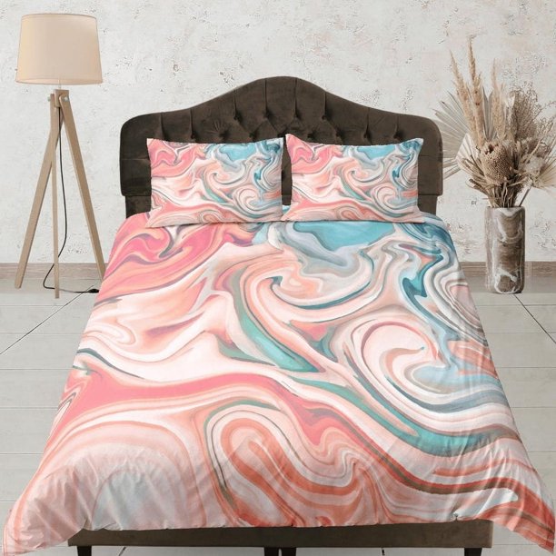 Melocotón Rosa Contemporáneo Juego de Dormitorio Estética Funda Nórdica, Mármol Arte Abstracto