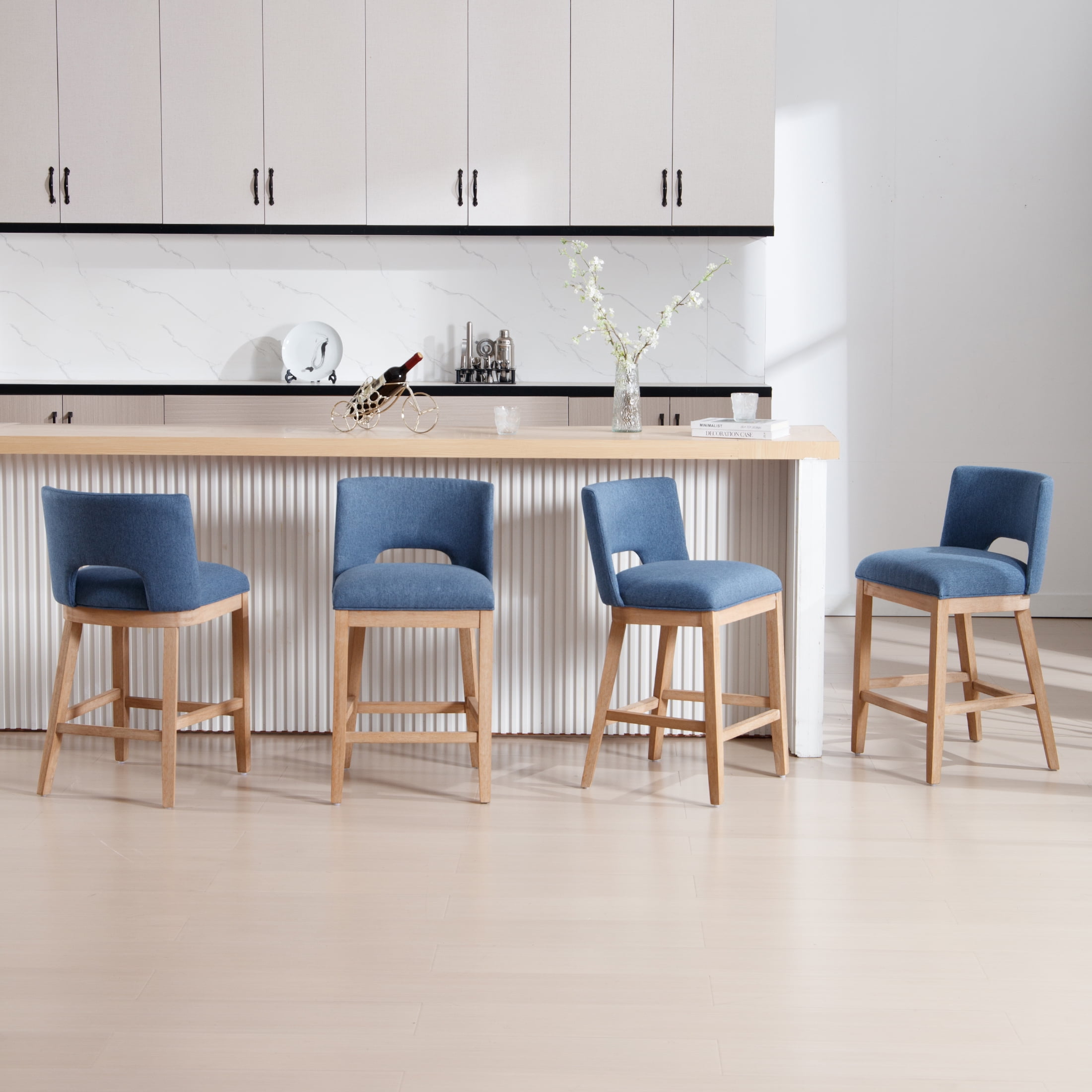 Guyou Linen Bar Stools Set of 2, 26" Modern Counter Height Barstools, Farmhouse Wooden Kitchen Island Chairs with Open Back for Restaurant Kitchen Bar, Blue