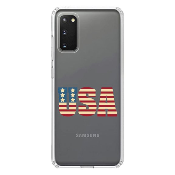 DistinctInk Clear Shockproof Hybrid Case for Galaxy S20 PLUS / 5G (6.7" Screen) - TPU Bumper Acrylic Back Tempered Glass Screen Protector - USA Letter Art Flag Red White & Blue