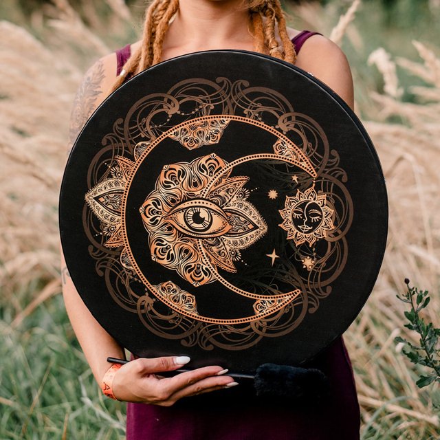 Golden Moon-Eyed Hand Drum: 2024 Artisanal Percussion Instrument with Lunar Design, Handcrafted for Festive Decor & Musical Performance – Elegant Gold Finish, Durable Craftsmanship, Versatile