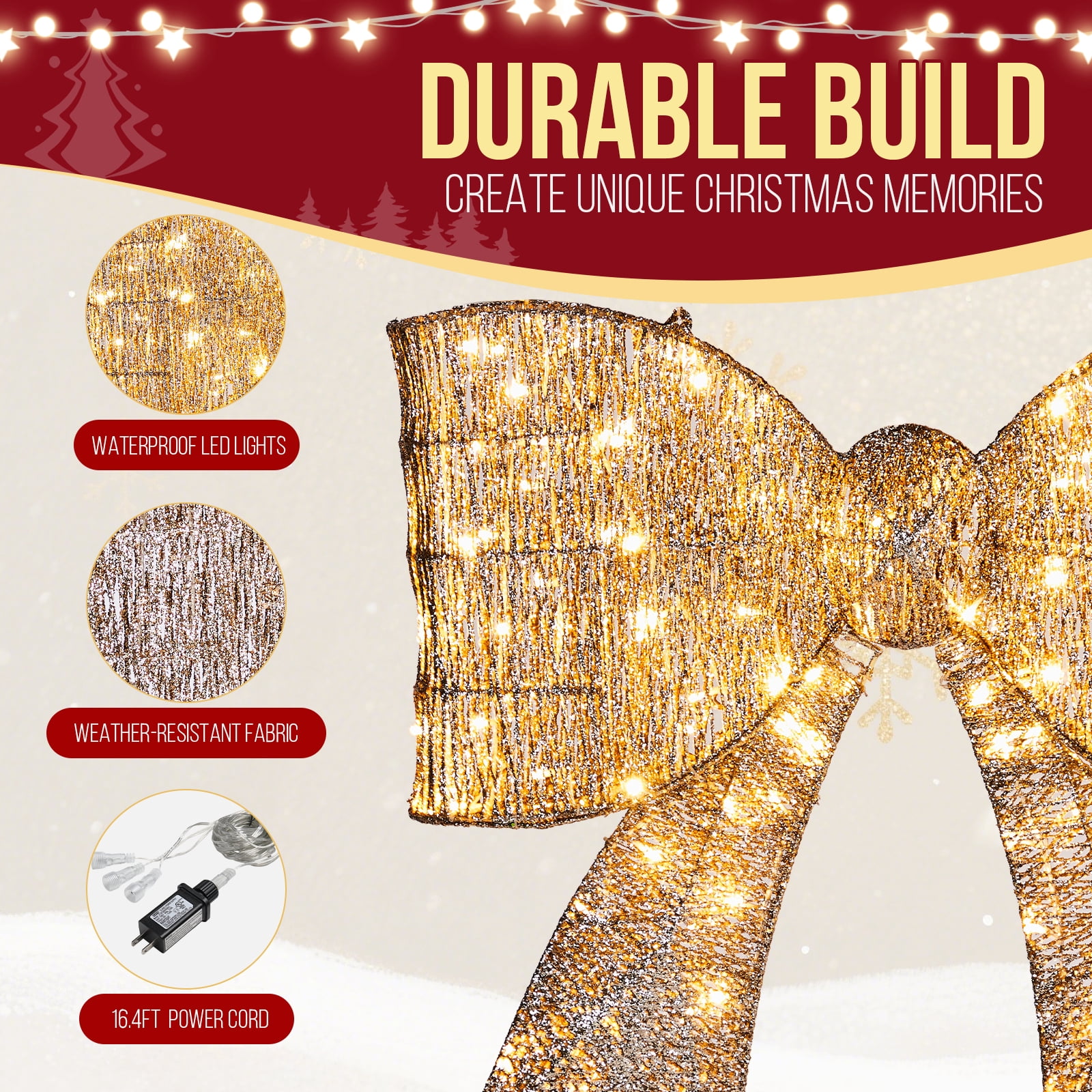 Astoutdoor Pre-Lit Outdoor Giant Bowknot Christmas Decoration, Lighted Metal Frame with 124 Warm White LED Lights, White, 31.1 in