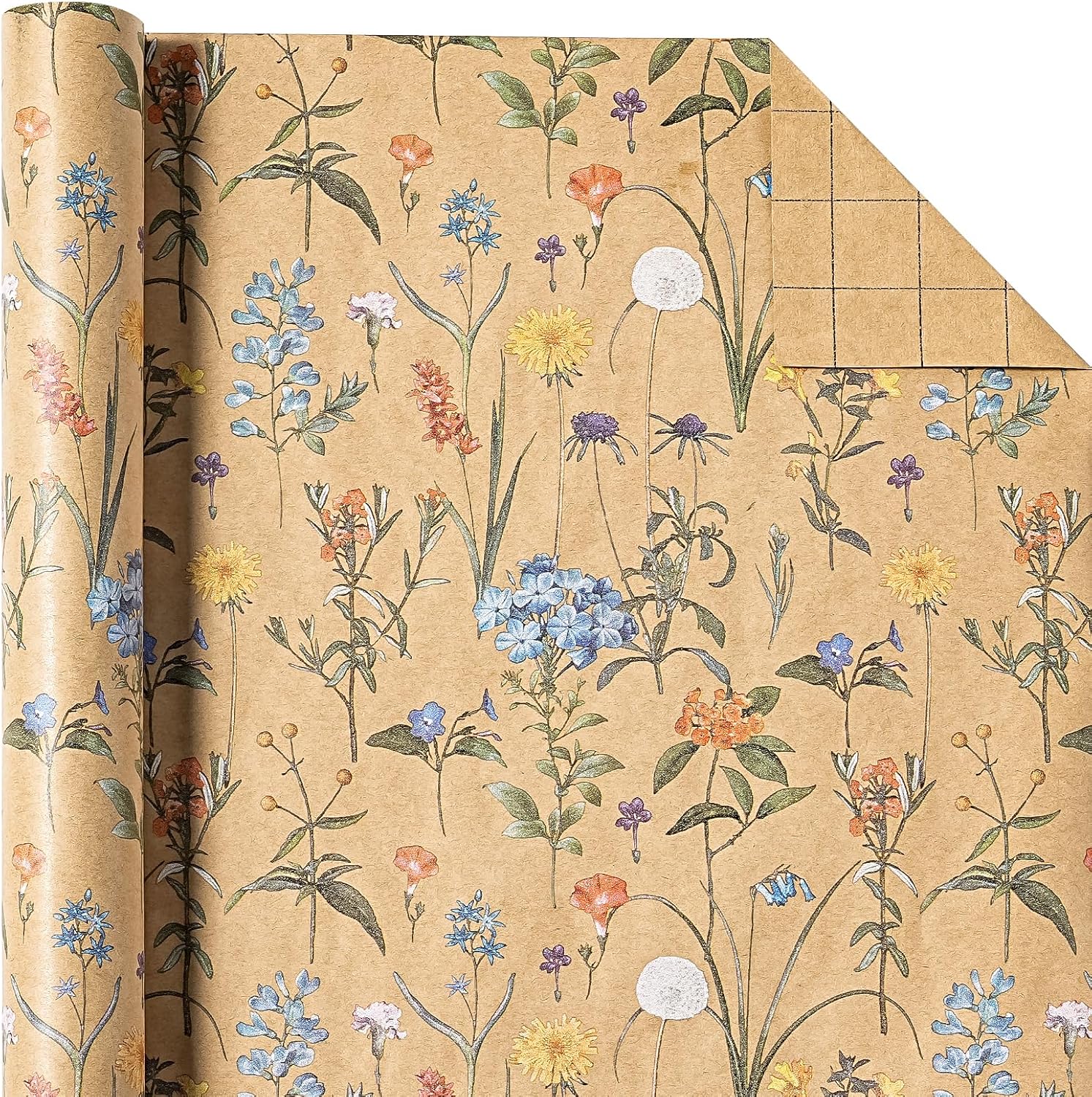 AllWays Plaza 30 Inch Kraft Floral Wrapping Paper Roll - 30 Inch x 33 Feet - Wildflower Wrapping Paper Perfect for Girls Women Birthday, Wedding, Bridal Shower