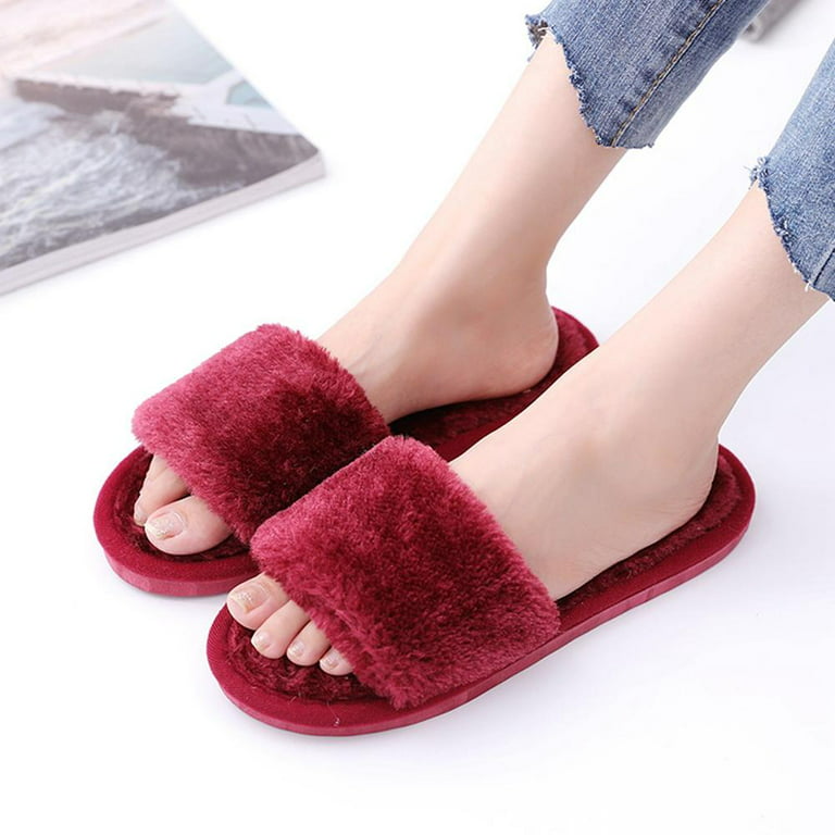  FamilyFairy Women's Fluffy Faux Fur Slippers Comfy Open Toe  Two Band Slides with Fleece Lining and Rubber Sole | Slippers