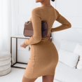 thumbnail image 5 of Sngxgn Women's Fall Elegant Dress Long Sleeve Crewneck Tie Waist Slim Rib Knit Slit Bodycon Midi Dress(Brown,XL), 5 of 7
