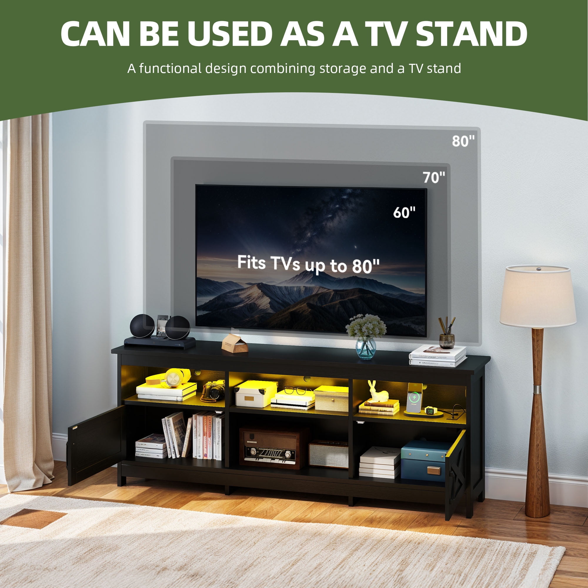 Uforic TV Cabinet with Storage, LED Lights, and Power Outlet for Living Room, Bedroom, or Apartment for 65 Inch TVs, Black