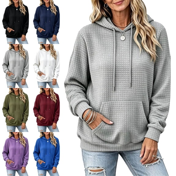 SYwaren Women's Waffle Knit Hoodie Long Sleeve Crewneck Sweatshirt Solid Color Tops