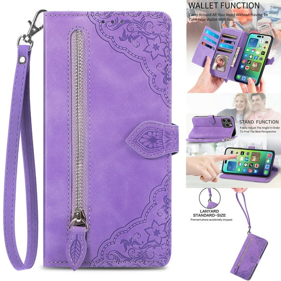 Nalacover Wallet Case for iPhone 14 Pro, Embossed Pattern Design Zipper Pocket Handbag Wrist Strap Premium PU Leather Flip Cover with Card Slots Holder Magnetic Clasp Kickstand Case,Purple