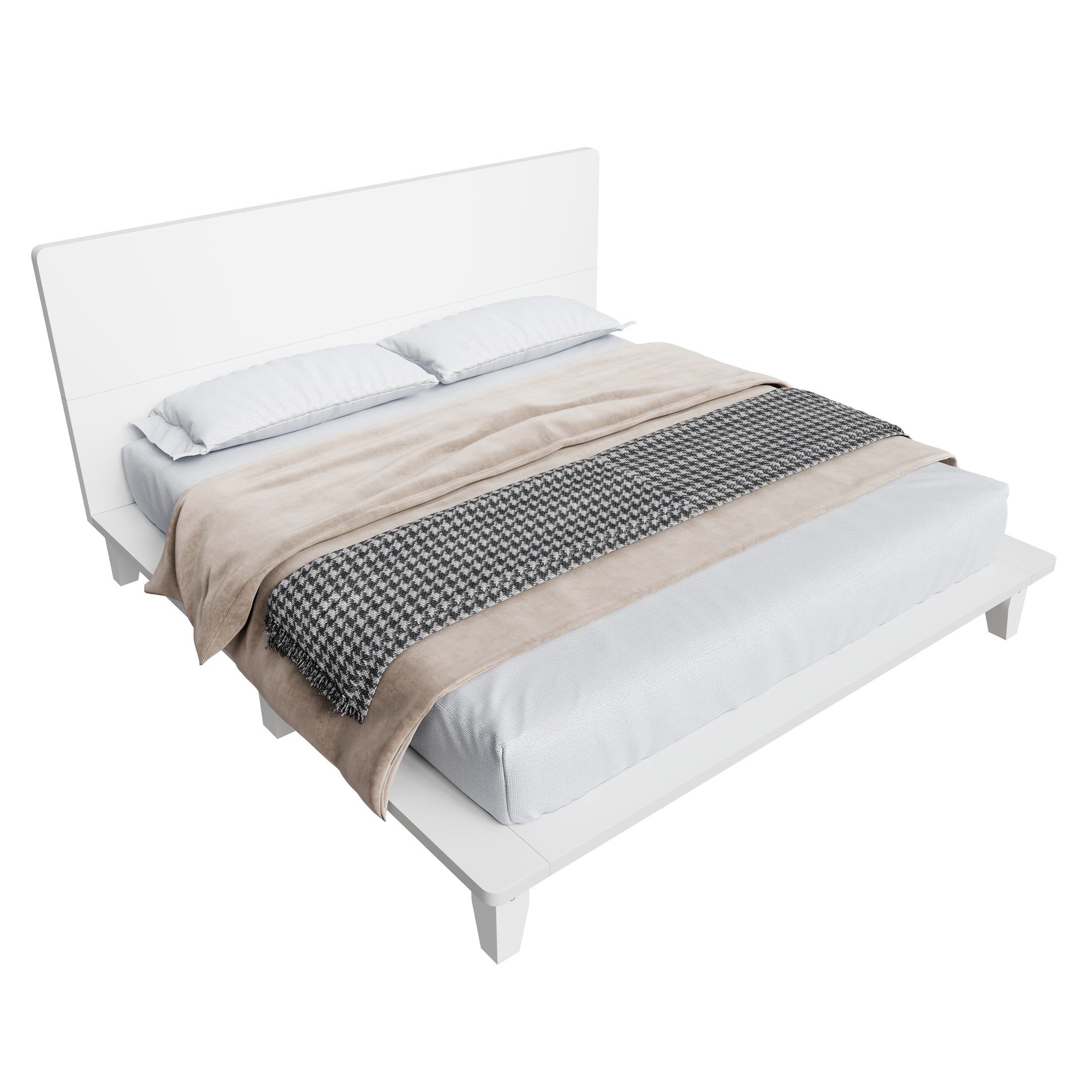 Noble House Hazel King Size Pine Wood Platform Bed Frame with Legs and Headboard, Mid-Century Modern Design, White