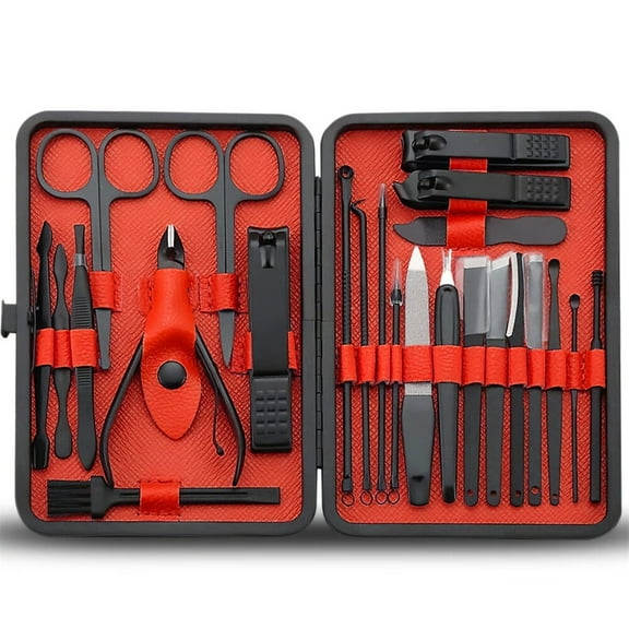 Manicure Set Nail Clippers Kit Professional Stainless Steel Nail Care Tools with Leather Travel Case 24 in 1 Black