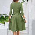thumbnail image 4 of WTOBBY Women's Classic Solid Color Waistband Round Neck 3/4 Sleeve Dress, Flowy Midi Sundress with Timeless Style for Various Occasions,Army Green L, 4 of 5