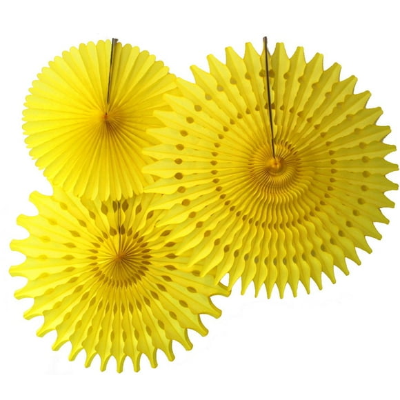 Set of 3 Tissue Paper Fans, Yellow (13-21 Inch)