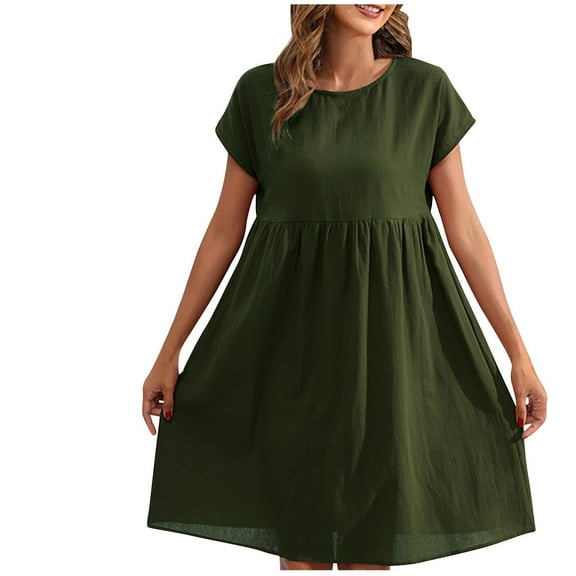 WREESH Womens Dress Summer Cotton and Linen Casual Mid Length Solid Colorshortsleeve Round Neck Dress Army Green