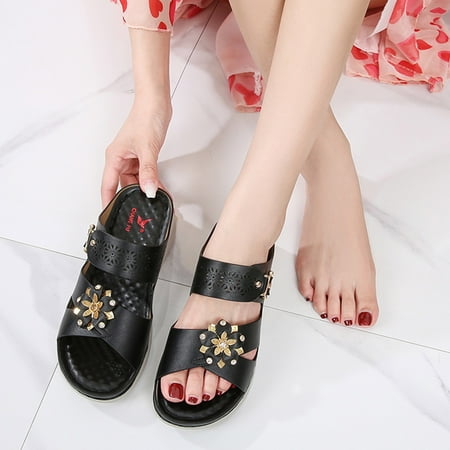 

Voncos Womens Casual Slippers- Women Summer Slip-On Wedges Beach Open Toe Breathable Sandals Flowers Shoes Clearance Slippers Black 8