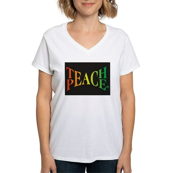 CafePress - Teach Peace Women's V Neck T Shirt - Womens Cotton V-Neck T-shirt