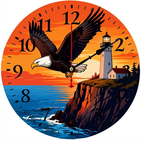 CozyHour 9.84 Inch Bald Eagle Lighthouse Wall Clock, Coastal Sunset Analog Clock for Living Room, Bedroom, Office and Home Decor