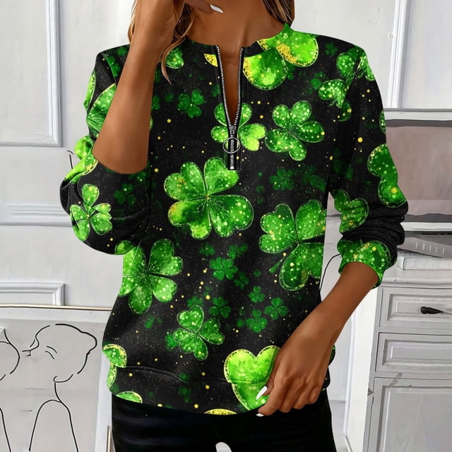 TaTaai Ladies St. Patrick's Day Print Long Sleeve Sweatshirt Fashion Loose Round Neck Casual Top Soft Comfortable for Daily Home Office Streetwear Gift