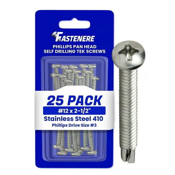 Fastenere Pan Head Self Drilling Tek Screws -#12 x 2-1/2" (25 Pack) Stainless Steel 410, Full Thread, Bright Plain Finish, Corrosion-Resistant, Self-Drilling, Install w/ Phillips Drive Size #3