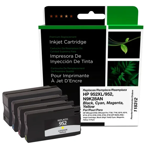 Remanufactured Clover Imaging Black High Yield, Cyan, Magenta, Yellow Ink Cartridges compatible with HP 952XL/952 (N9K28AN) 4-Pack