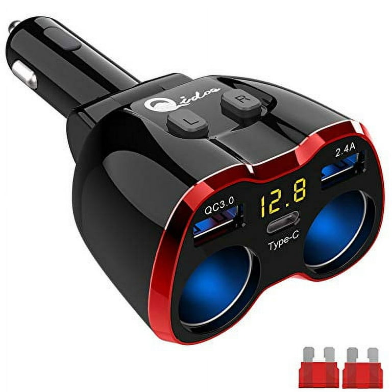 Cigarette Lighter Splitter QC 3.0, 2-Socket USB C Car Charger Adapter Type C  Multi Power Outlet 12V/24V 80W DC with LED Voltmeter Switch Dual USB Port  for iPhone GPS Dashcam iPad Android