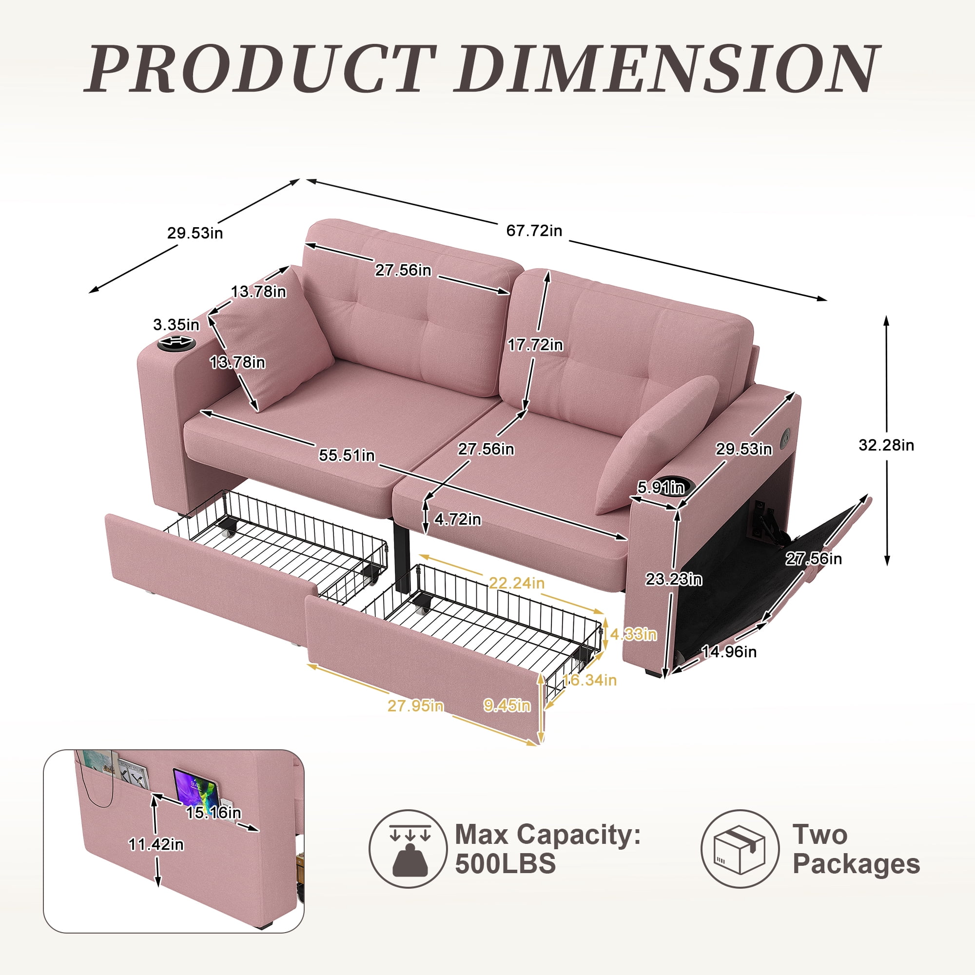 MOONMISS 68" Chenille 3 Seater Sofa Deep Seats,Wood Frame with Storage,USB Charging and Cup Holder,Pink
