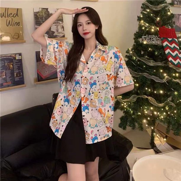 Camisa De Manga Corta Con Estampado De Dibujos Animados De Monstruo Digital Japonés Blusa Estampada Casual Todo Combinado Para Mujerpangjing