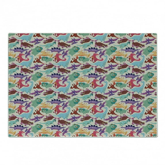 Dinosaur Cutting Board, Monsters Pattern Dinosaurs Caricature Cartoon Style Funny Creature Playroom, Decorative Tempered Glass Cutting and Serving Board, Small Size, Multicolor, by Ambesonne