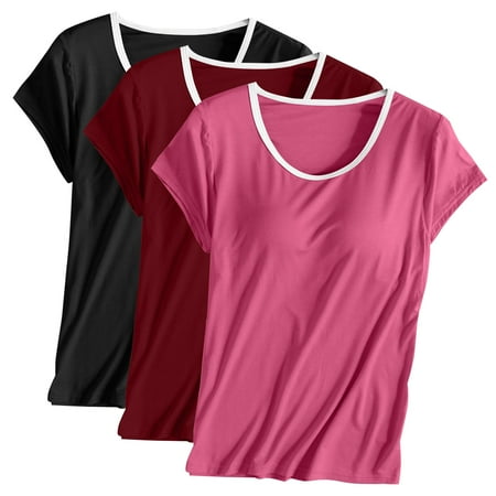 ibuvkizy Womens Summer Tops Clearance 3PCS Womens Built in Bra T Shirt Loungewear Shirt for Women Plus Size Crop Top Built in Bra Short Sleeve Crew Neck Nightwear T-Shirt