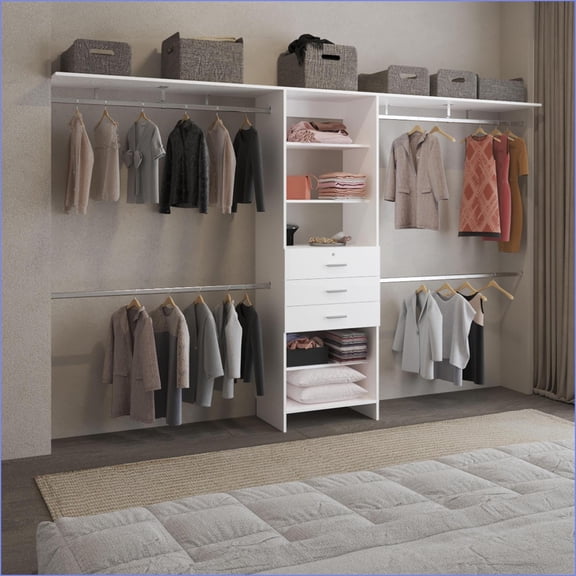 Closet Systems Adjustable 69"-118"W, 5 Shelves, 4 Hanging Rods, 3 Drawers | White | MDF