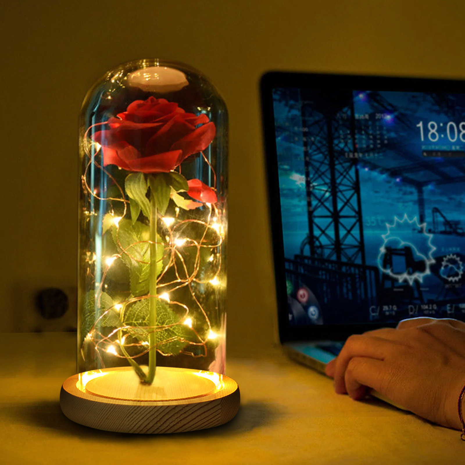 Enchanted Red Silk Rose Light, Beauty and the Beast Rose in A Light Dome, Home/Office or Home Decorations, Best Gift for Her on Valentine's Day, Anniversary, Mother’s Day Gifts, Christmas Gift - image 3 of 8