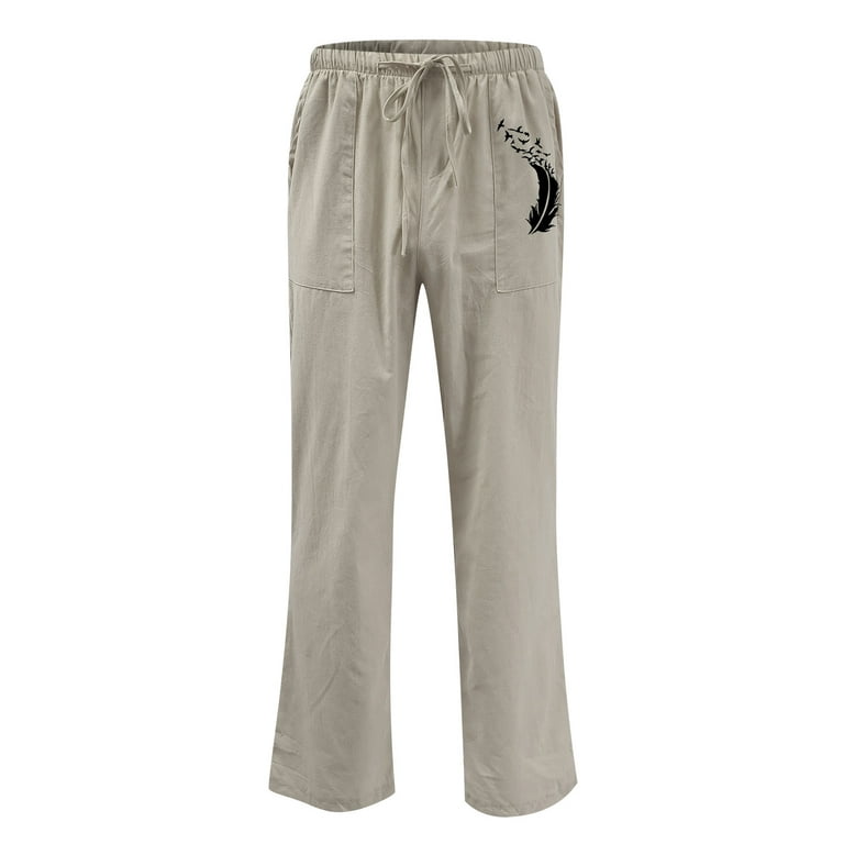 cllios Men's Drawstring Loose Linen Beach Pants Lightweight Print Elastic  Waist Yoga Lounge Cotton Trousers Home Pajamas Pant L-5XL