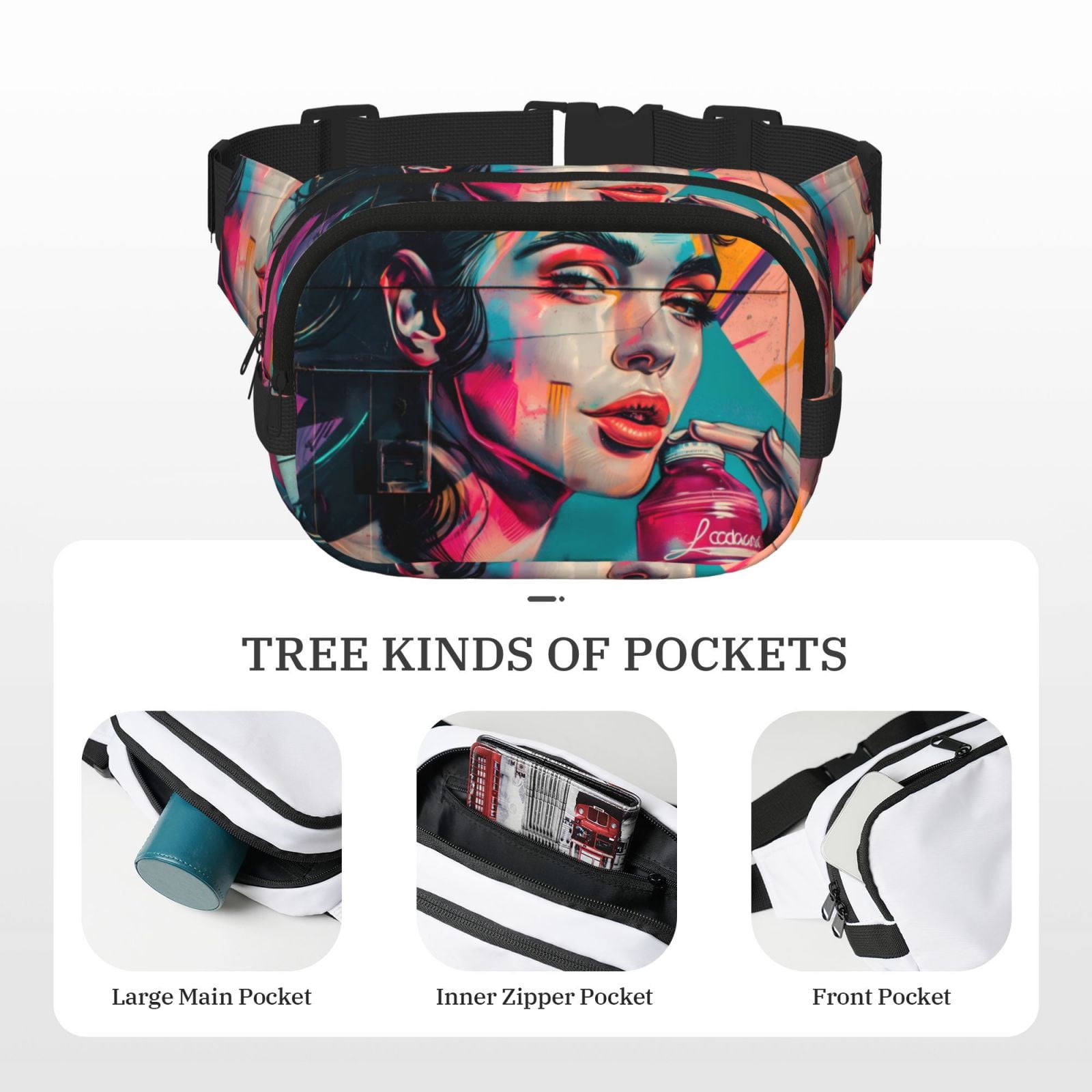 Picia Vibrant Street Art Portrait Print Square Double-Layer Waist Bag Mini Adjustable Waist Belt Bag Exercise Running Travel Hiking