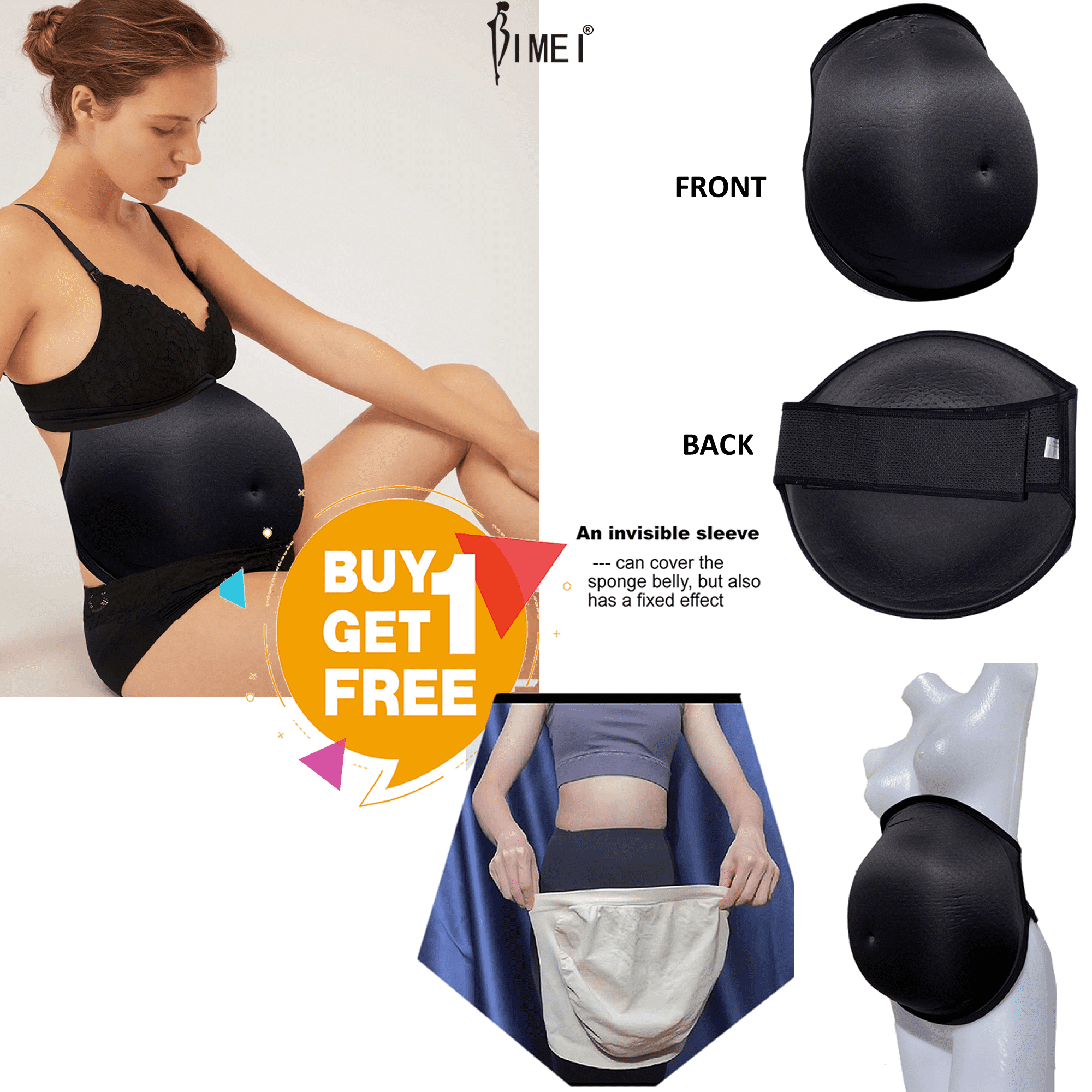 BIMEI Fake Pregnant Belly Sponge Velcro Closure Breathable Lightweight Adjustable Costume for Woman Include Belly Support Band, Black, L (8-10 months)