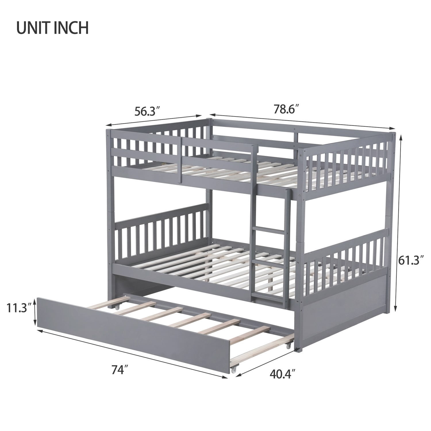Full Over Full Bunk Bed with Twin Trundle, Convertible Wooden Bunk Bed with Guardrails & Ladder, Detachable into 2 Full Size Beds, Grey