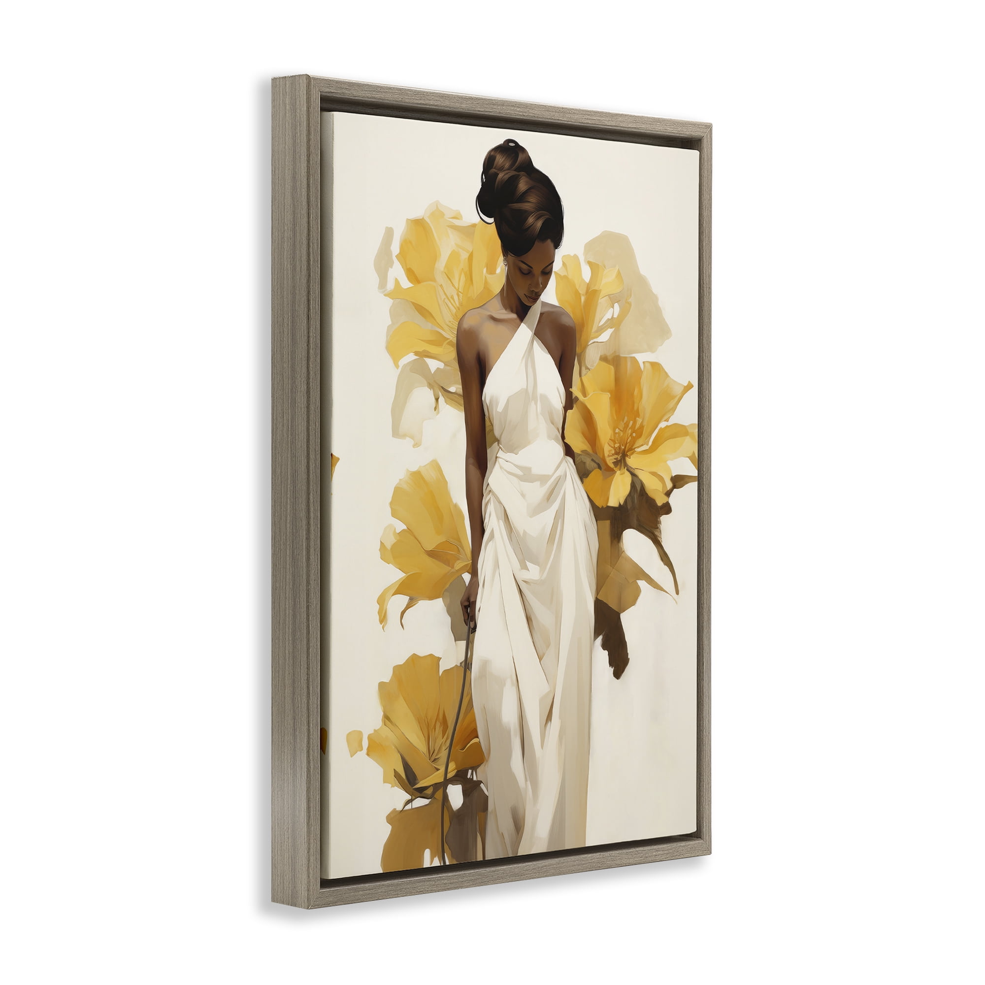 Stupell Industries Elegant Woman with Flowers People Painting Brown Floater Framed Canvas Art Print Wall Art, 21 x 31