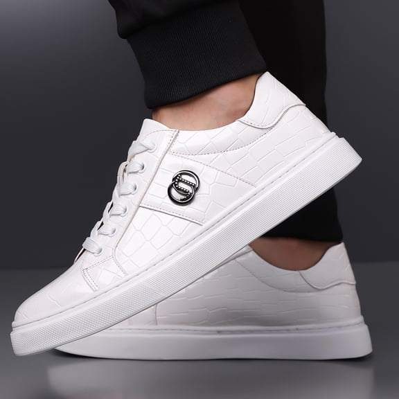 Men's White Croc-Embossed Leather Sneakers, Casual Lace-Up Low-Top Skate Shoes with Metal Logo