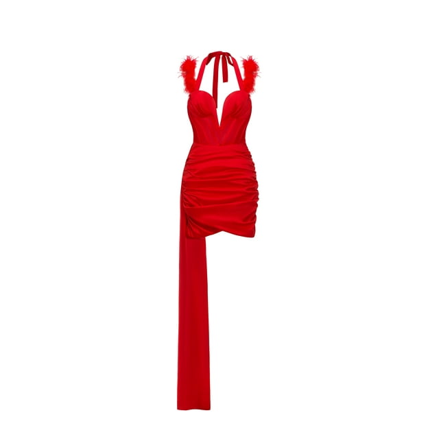 Vestido Lala Bellabarnetten Mini satinado con cuello halter y plumas, color rojo