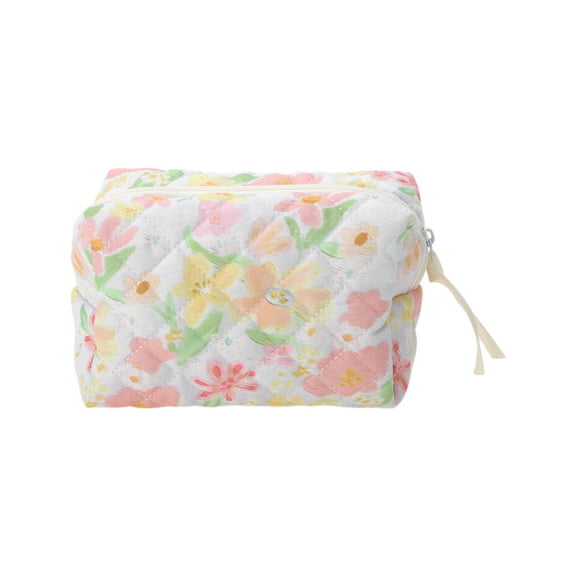 Unique Bargains 1 Pc Quilted Square Flowers Makeup Bag Pink Green Polyester