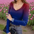 thumbnail image 2 of Women's Winter Slim-Fit Base Layer T-Shirt Fashionable Gradient Color Print V-Neck Pullover Long-Sleeved Top for Layering and Style,Dark Blue,M, 2 of 6