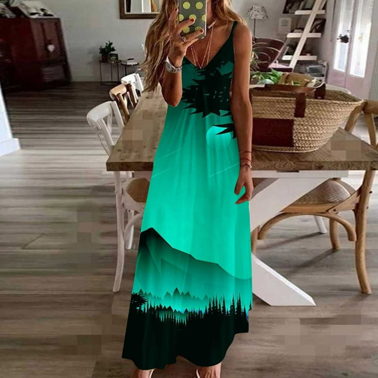 Wycnly Summer Dresses for Women Beach Vacation Swing Sapghetti Strap Hawaiian Maxi Dresses 2024 Short Sleeve V-Neck Coconut Tree Print Long Formal