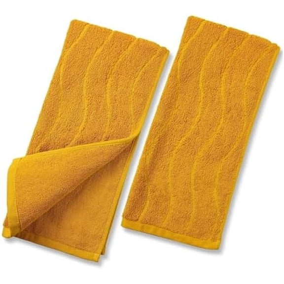 Wavy Striped Cotton Hand Towels, Set of 2, Dry Your Hand Instantly, 13x29 Inches, Mustard Kitchen Bathroom Towel