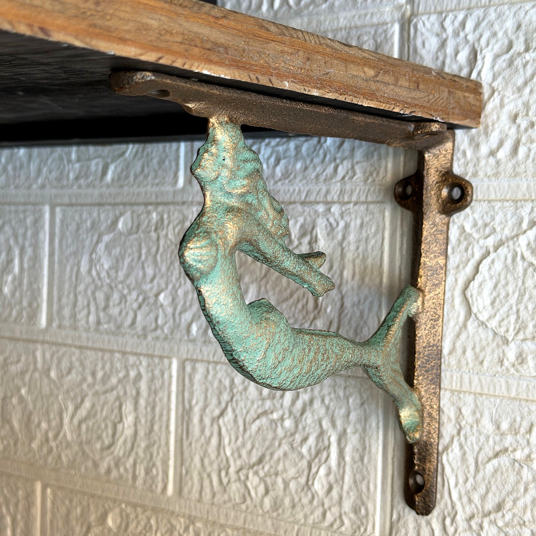 Zeckos Verdigris and Bronze Cast Iron Swimming Mermaid Metal Shelf Bracket Set of 2