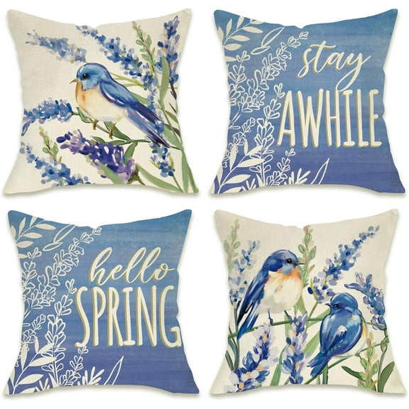Hello Spring Bluebird Decorative Throw Pillow Covers 18 x 18 Set of 4, Flower Porch Patio Outdoor Pillowcase, Blue Floral Seasonal Sofa Couch Cushion Case Home Decor